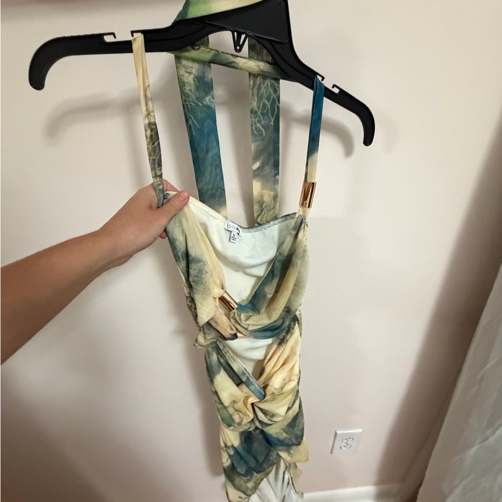 Abstract Blue & Cream Ruched Dress